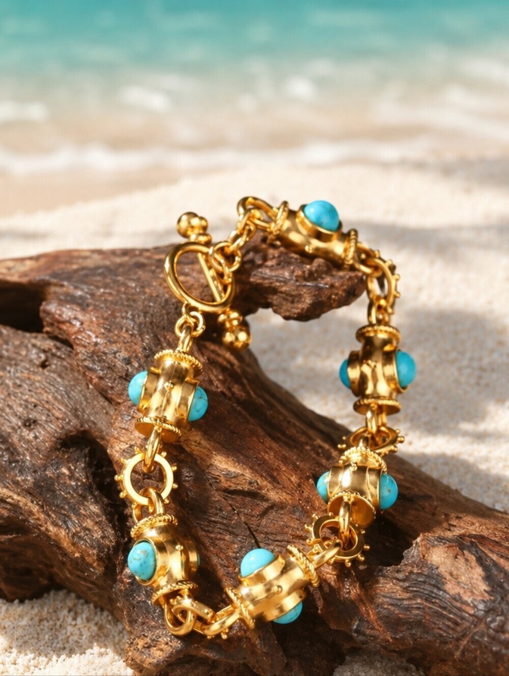 Byzantine Turquoise Cabochon Toggle Bracelet In 18k Gold Plating